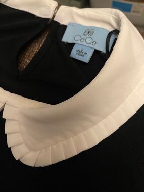 NWT CeCe Peter Pan Collar Black Long Sleeve Top with White Cuff Detail
